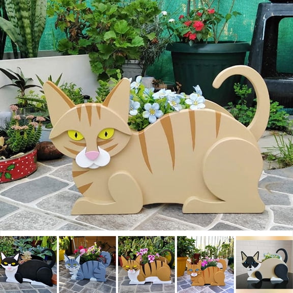 Sturdy Construction Wood Cat Plant Pot Ornament - Eco-friendly Flower Pot Decor for Yard and Garden