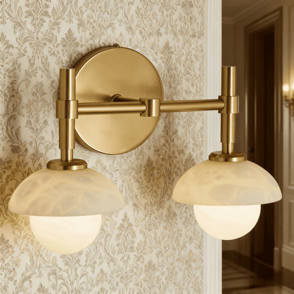 Sturdy Double Antique Brass Alabaster Vanity Light, Natural Wall-Mounted Sconce, Organic Wall Light, Indoor Sconce over Mirror, for Bathroom, Living Room, Dining Room, Entryway