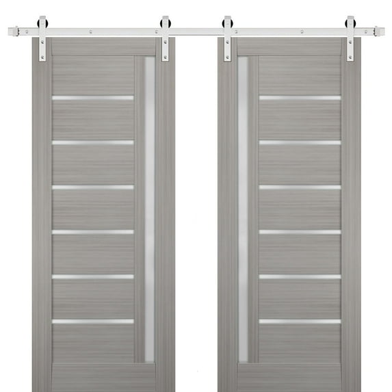 Sturdy Double Barn Door 36 x 80 inches with Frosted Glass | Quadro 4088 Grey Ash | Stainless Steel 13FT Rail Hangers Heavy Set | Solid Panel Interior Doors