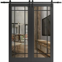 Sturdy Double Barn Door 36 x 80 inches | Lucia 2266 Matte Black Clear Glass | 13FT Rail Hangers Heavy Set | Solid Panel Interior Doors