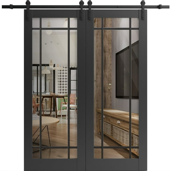 Sturdy Double Barn Door 36 x 80 inches | Lucia 2266 Matte Black Clear Glass | 13FT Rail Hangers Heavy Set | Solid Panel Interior Doors