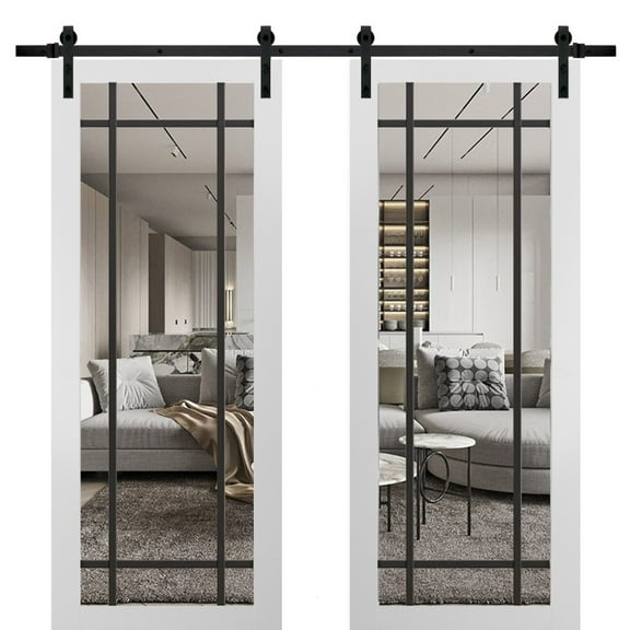 Sturdy Double Barn Door 36 x 80 inches | Lucia 2266 White Silk Clear Glass | 13FT Rail Hangers Heavy Set | Solid Panel Interior Doors