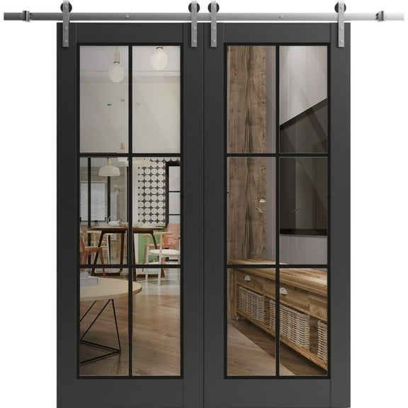 Sturdy Double Barn Door 36 x 80 inches | Lucia 2366 Matte Black Clear Glass | Stainless Steel 13FT Rail Hangers Heavy Set | Solid Panel Interior Doors