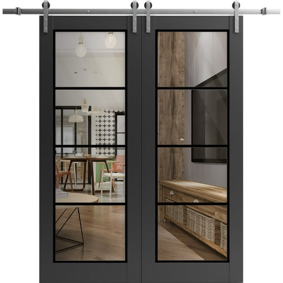Sturdy Double Barn Door 36 x 80 inches | Lucia 2466 Matte Black Clear Glass | Stainless Steel 13FT Rail Hangers Heavy Set | Solid Panel Interior Doors
