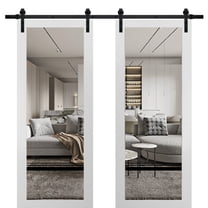 Sturdy Double Barn Door 36 x 80 inches | Lucia 2666 White Silk Clear Glass | Stainless Steel 13FT Rail Hangers Heavy Set | Solid Panel Interior Doors