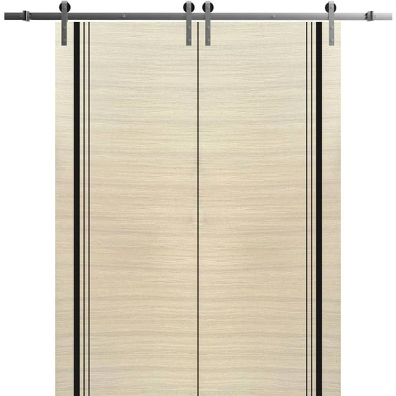 Sturdy Double Barn Door 36 x 80 inches with | Planum 0011 Natural Veneer with Frosted Glass | Stainless Steel 13FT Rail Hangers Heavy Set | Solid Panel Interior Doors