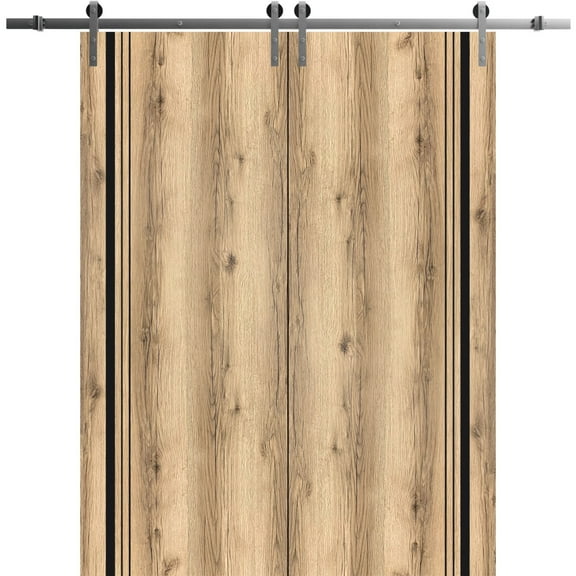 Sturdy Double Barn Door 36 x 80 inches with | Planum 0011 Oak with Frosted Glass | Stainless Steel 13FT Rail Hangers Heavy Set | Solid Panel Interior Doors
