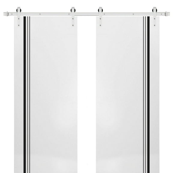 Sturdy Double Barn Door 36 x 80 inches with | Planum 0011 White Silk with Frosted Glass | Stainless Steel 13FT Rail Hangers Heavy Set | Solid Panel Interior Doors
