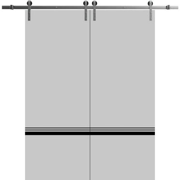 Sturdy Double Barn Door 36 x 80 inches with | Planum 0012 Grey Matte with Frosted Glass | Stainless Steel 13FT Rail Hangers Heavy Set | Solid Panel Interior Doors