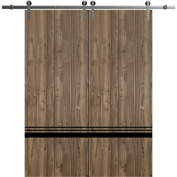 Sturdy Double Barn Door 36 x 80 inches with | Planum 0012 Walnut with Frosted Glass | Stainless Steel 13FT Rail Hangers Heavy Set | Solid Panel Interior Doors