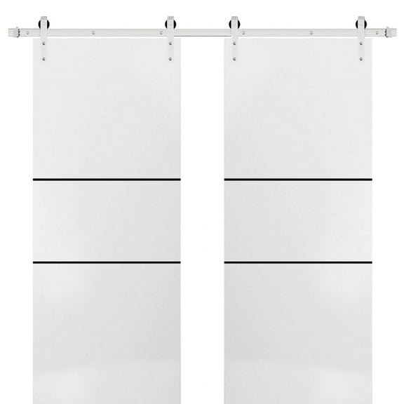 Sturdy Double Barn Door 36 x 80 inches with | Planum 0014 White Silk with Frosted Glass | Stainless Steel 13FT Rail Hangers Heavy Set | Solid Panel Interior Doors