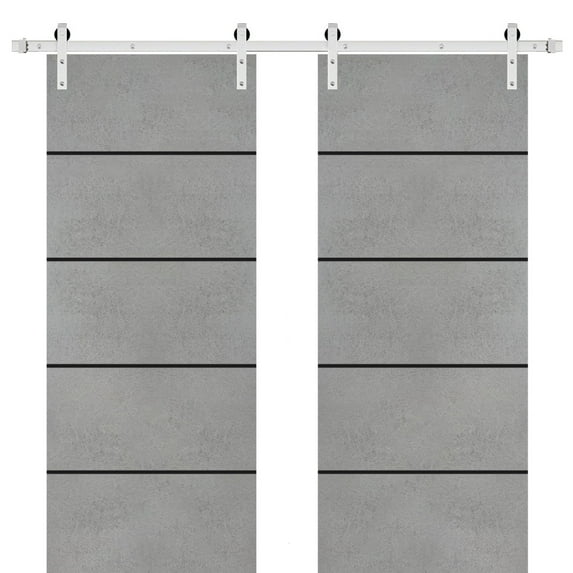 Sturdy Double Barn Door 36 x 80 inches with | Planum 0015 Concrete with Frosted Glass | Stainless Steel 13FT Rail Hangers Heavy Set | Solid Panel Interior Doors