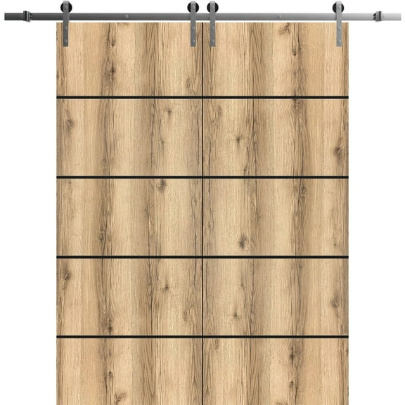 Sturdy Double Barn Door 36 x 80 inches with | Planum 0015 Oak with Frosted Glass | Stainless Steel 13FT Rail Hangers Heavy Set | Solid Panel Interior Doors