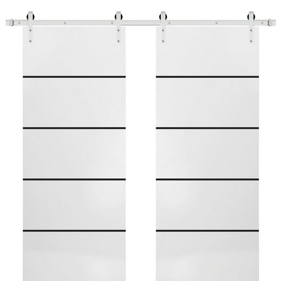 Sturdy Double Barn Door 36 x 80 inches with | Planum 0015 White Silk with Frosted Glass | Stainless Steel 13FT Rail Hangers Heavy Set | Solid Panel Interior Doors