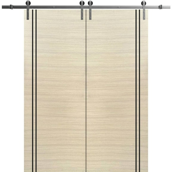 Sturdy Double Barn Door 36 x 80 inches with | Planum 0016 Natural Veneer with Frosted Glass | Stainless Steel 13FT Rail Hangers Heavy Set | Solid Panel Interior Doors