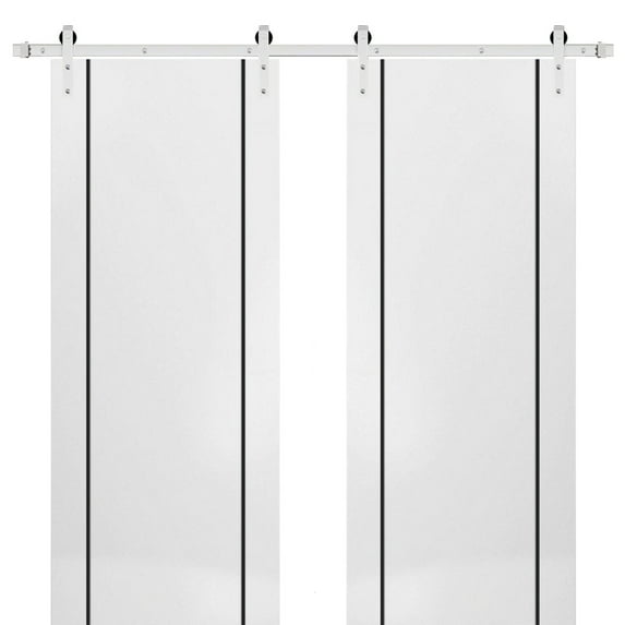 Sturdy Double Barn Door 36 x 80 inches with | Planum 0016 White Silk with Frosted Glass | Stainless Steel 13FT Rail Hangers Heavy Set | Solid Panel Interior Doors