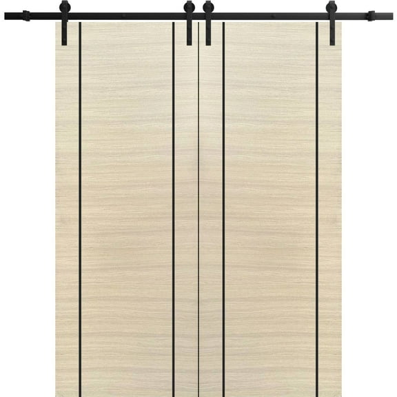 Sturdy Double Barn Door 36 x 80 inches with | Planum 0017 Natural Veneer with Frosted Glass | 13FT Rail Hangers Heavy Set | Solid Panel Interior Doors