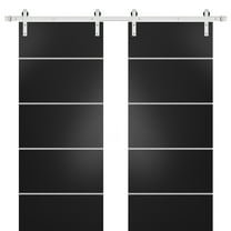 Sturdy Double Barn Door 36 x 80 inches with | Planum 0210 Matte Black with Frosted Glass | Stainless Steel 13FT Rail Hangers Heavy Set | Solid Panel Interior Doors