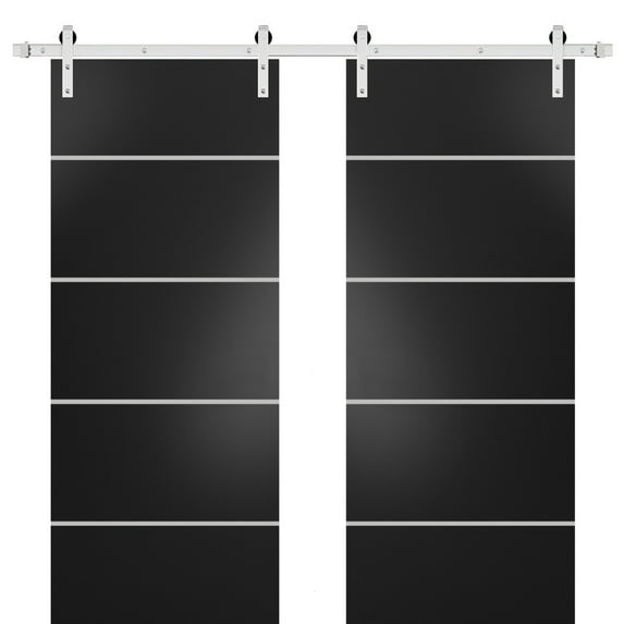 Sturdy Double Barn Door 36 x 80 inches with | Planum 0210 Matte Black with Frosted Glass | Stainless Steel 13FT Rail Hangers Heavy Set | Solid Panel Interior Doors