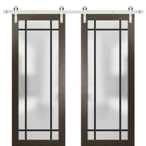 Sturdy Double Barn Door 36 x 80 inches | Planum 2112 Chocolate Ash Frosted Glass | Stainless Steel 13FT Rail Hangers Heavy Set | Solid Panel Interior Doors