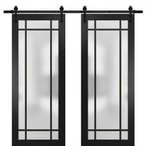 Sturdy Double Barn Door 36 x 80 inches | Planum 2112 Matte Black Frosted Glass | 13FT Rail Hangers Heavy Set | Solid Panel Interior Doors