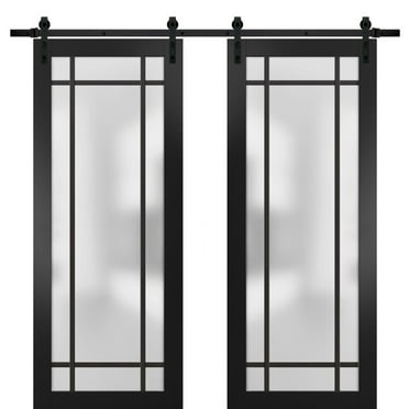 Sturdy Double Barn Door 36 x 80 inches | Planum 2112 Matte Black Frosted Glass | 13FT Rail Hangers Heavy Set | Solid Panel Interior Doors