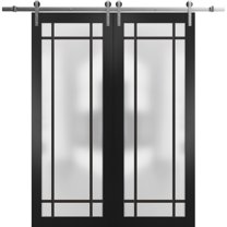 Sturdy Double Barn Door 36 x 80 inches | Planum 2112 Matte Black Frosted Glass | Stainless Steel 13FT Rail Hangers Heavy Set | Solid Panel Interior Doors