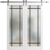 Sturdy Double Barn Door 36 x 80 inches | Planum 2112 White Silk Frosted Glass | Stainless Steel 13FT Rail Hangers Heavy Set | Solid Panel Interior Doors