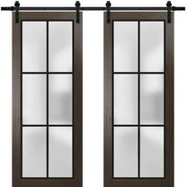 Sturdy Double Barn Door 36 x 80 inches | Planum 2122 Chocolate Ash Frosted Glass | 13FT Rail Hangers Heavy Set | Solid Panel Interior Doors