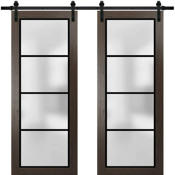 Sturdy Double Barn Door 36 x 80 inches | Planum 2132 Chocolate Ash Frosted Glass | 13FT Rail Hangers Heavy Set | Solid Panel Interior Doors