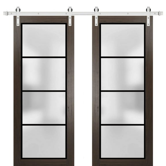 Sturdy Double Barn Door 36 x 80 inches | Planum 2132 Chocolate Ash Frosted Glass | Stainless Steel 13FT Rail Hangers Heavy Set | Solid Panel Interior Doors