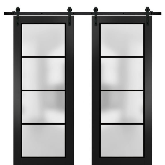 Sturdy Double Barn Door 36 x 80 inches | Planum 2132 Matte Black Frosted Glass | 13FT Rail Hangers Heavy Set | Solid Panel Interior Doors