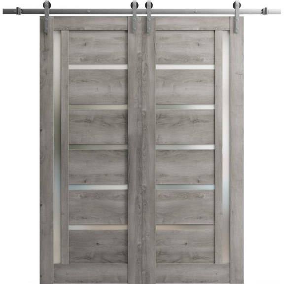 Sturdy Double Barn Door 36 x 80 inches | Quadro 4088 Nebraska Grey with Frosted Glass | 13FT Rail Hangers Heavy Set | Solid Panel Interior Doors