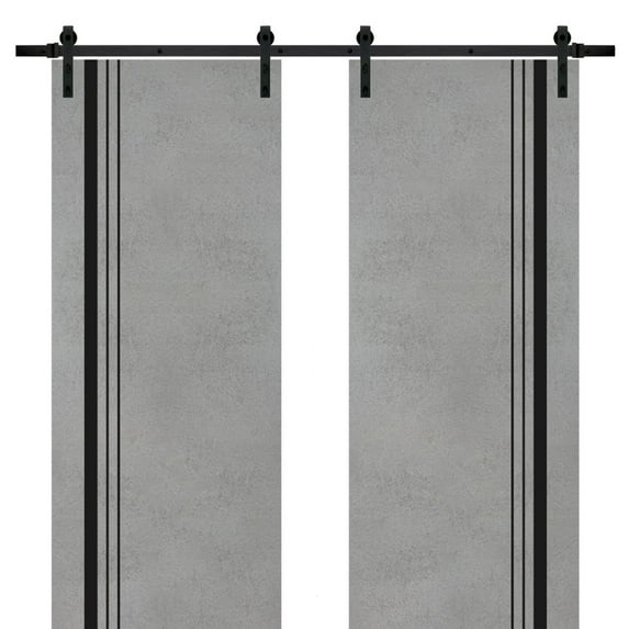 Sturdy Double Barn Door 36 x 80 inches with | Planum 0011 Concrete with Frosted Glass | 13FT Rail Hangers Heavy Set | Solid Panel Interior Doors