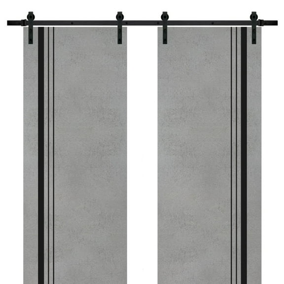 Sturdy Double Barn Door 36 x 80 inches with | Planum 0011 Concrete with Frosted Glass | 13FT Rail Hangers Heavy Set | Solid Panel Interior Doors