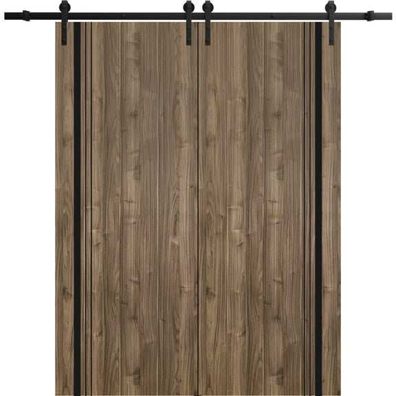 Sturdy Double Barn Door 36 x 80 inches with | Planum 0011 Walnut with Frosted Glass | 13FT Rail Hangers Heavy Set | Solid Panel Interior Doors