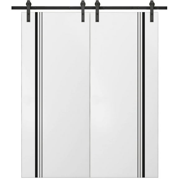 Sturdy Double Barn Door 36 x 80 inches with | Planum 0011 White Silk with Frosted Glass | 13FT Rail Hangers Heavy Set | Solid Panel Interior Doors
