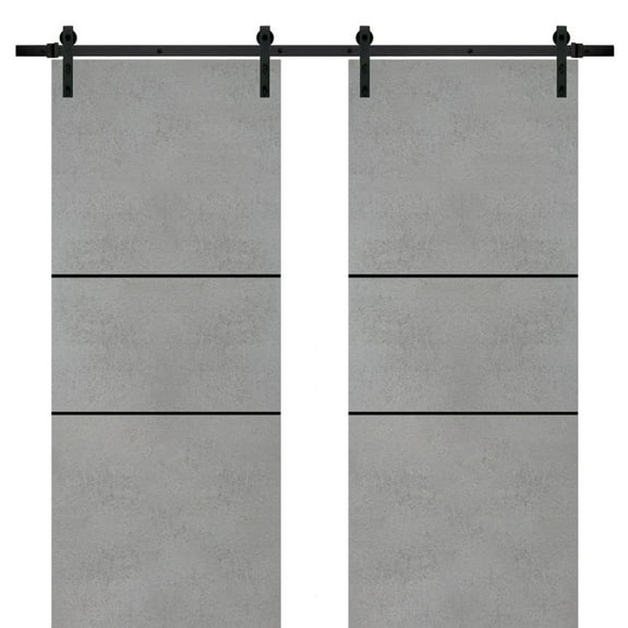 Sturdy Double Barn Door 36 x 80 inches with | Planum 0014 Concrete with Frosted Glass | 13FT Rail Hangers Heavy Set | Solid Panel Interior Doors