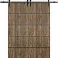 thumbnail image 1 of Sturdy Double Barn Door 36 x 80 inches with | Planum 0015 Walnut with Frosted Glass | 13FT Rail Hangers Heavy Set | Solid Panel Interior Doors, 1 of 6