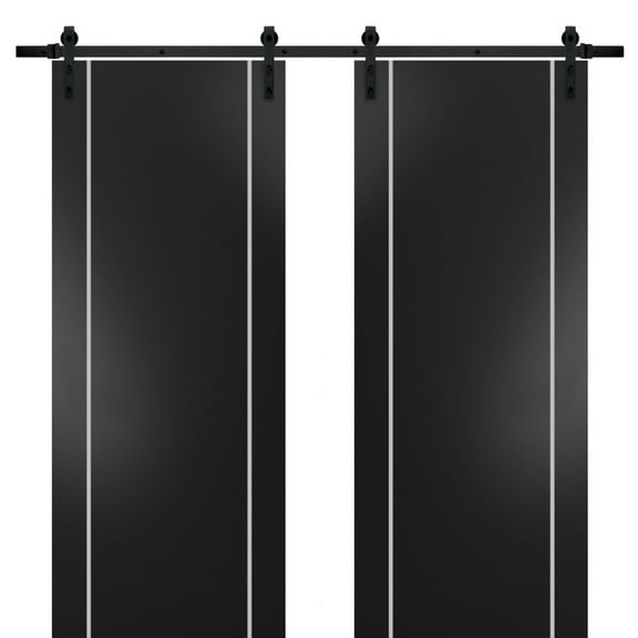 Sturdy Double Barn Door 36 x 80 inches with | Planum 0410 Matte Black with Frosted Glass | 13FT Rail Hangers Heavy Set | Solid Panel Interior Doors