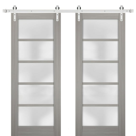 Sturdy Double Barn Door 36 x 84 inches with Frosted Glass | Quadro 4002 Grey Ash | Stainless Steel 13FT Rail Hangers Heavy Set | Solid Panel Interior Doors