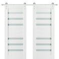 thumbnail image 1 of Sturdy Double Barn Door 36 x 84 inches with Frosted Glass | Quadro 4266 White Silk | Stainless Steel 13FT Rail Hangers Heavy Set | Solid Panel Interior Doors, 1 of 6