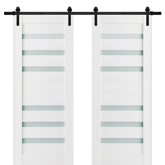 Sturdy Double Barn Door 36 x 84 inches with Frosted Glass | Quadro 4266 White Silk | Top Mount 13FT Rail Hangers Heavy Set | Solid Panel Interior Doors