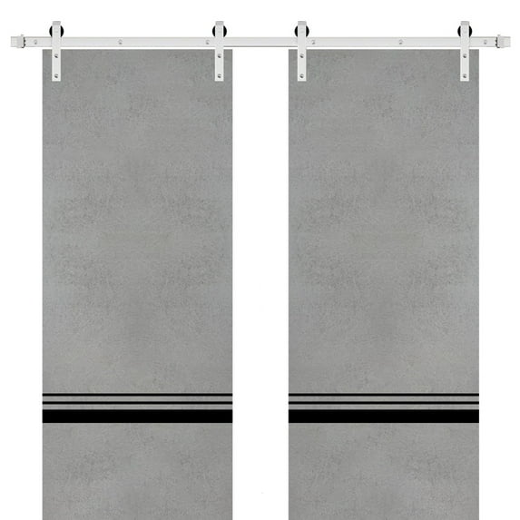 Sturdy Double Barn Door 36 x 84 inches with | Planum 0012 Concrete with Frosted Glass | Stainless Steel 13FT Rail Hangers Heavy Set | Solid Panel Interior Doors