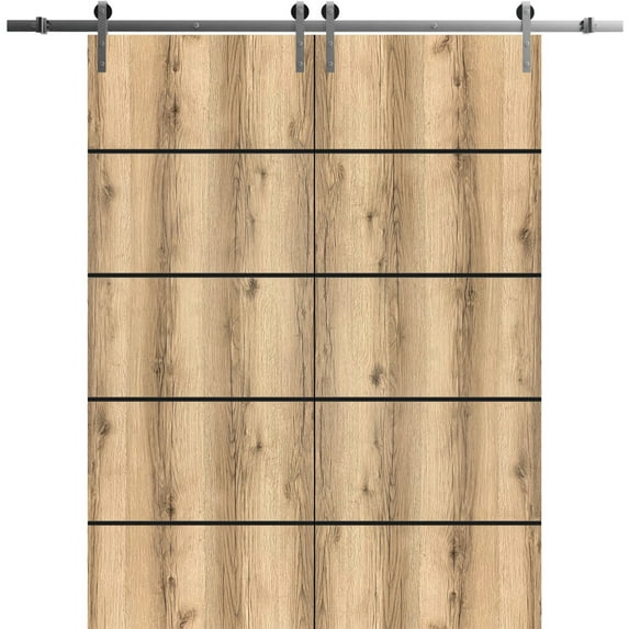 Sturdy Double Barn Door 36 x 84 inches with | Planum 0015 Oak with Frosted Glass | Stainless Steel 13FT Rail Hangers Heavy Set | Solid Panel Interior Doors