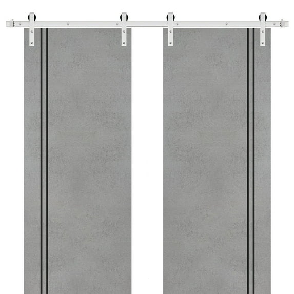 Sturdy Double Barn Door 36 x 84 inches with | Planum 0016 Concrete with Frosted Glass | Stainless Steel 13FT Rail Hangers Heavy Set | Solid Panel Interior Doors