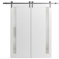 thumbnail image 1 of Sturdy Double Barn Door 36 x 84 inches with | Planum 0660 Painted White with Frosted Glass | Stainless Steel 13FT Rail Hangers Heavy Set | Solid Panel Interior Doors, 1 of 5