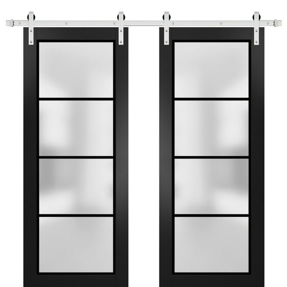 Sturdy Double Barn Door 36 x 84 inches | Planum 2132 Matte Black Frosted Glass | Stainless Steel 13FT Rail Hangers Heavy Set | Solid Panel Interior Doors