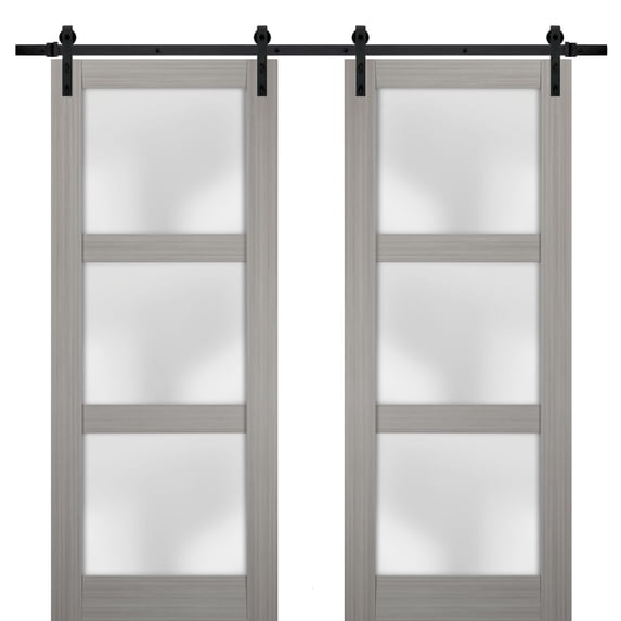 Sturdy Double Barn Door 36 x 84 inches with Frosted Glass | Lucia 2552 Grey Ash | Top Mount 13FT Rail Hangers Heavy Set | Solid Panel Interior Doors