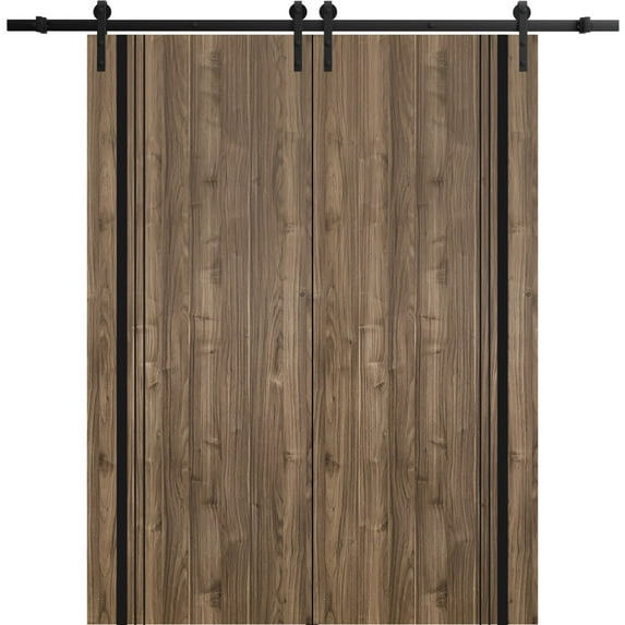 Sturdy Double Barn Door 36 x 84 inches with | Planum 0011 Walnut with Frosted Glass | 13FT Rail Hangers Heavy Set | Solid Panel Interior Doors